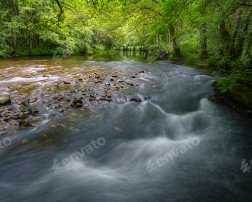 Preview: River in summer with low flow that shows the boulders of the bed