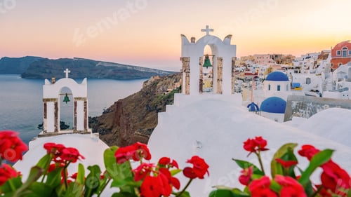 Preview: Sunset at the Island Of Santorini Greece, beautiful whitewashed village Oia with church