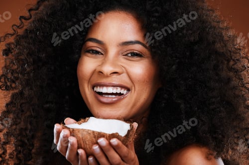 Preview: Face, coconut skincare and portrait of black woman in studio isolated on a brown background. Makeup