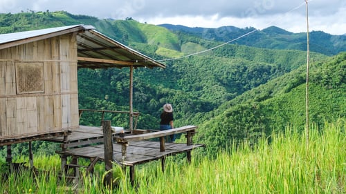 Preview: Rear view of a woman sitting on wooden terrace and looking at a mountain view