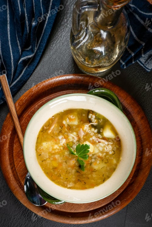 Preview: Barley soup with vegetables and chicken.