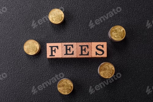 Preview: Inscription Fees with wooden cubes, conceptual background with copy space