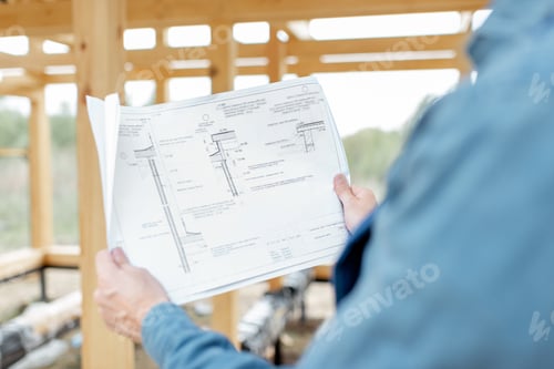 Preview: Builder with blueprints on the construction site