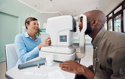 Preview: Shot of an optometrist examining her patients eyes with an autorefractor