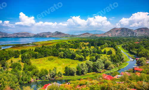 Preview: Aerial sunny morning view of valley of Moraca river from Zabljak Crnojevica Fortress