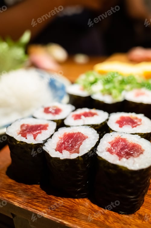 Preview: Delicious Japanese Sushi On Plate At Restaurant
