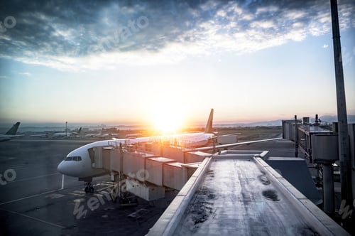 Preview: Beautiful shot of an airplane at the station with the sun shining in the background