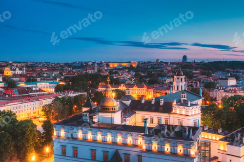 Preview: Vilnius, Lithuania, Eastern Europe. Aerial View Of Historic Center Cityscape In Blue Hour After
