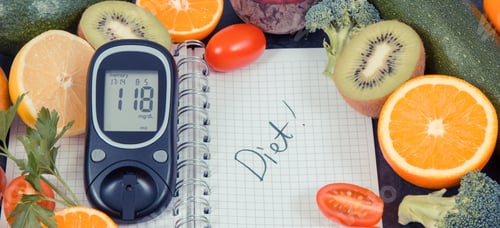 Preview: Glucose meter for checking sugar level, notepad and fruits with vegetables containing vitamin