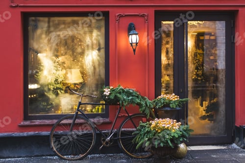 Preview: Christmas decorated showcase with old bicycle, fir branches, glass shiny toy