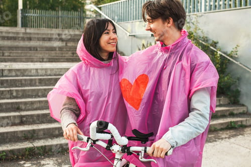 Preview: Closeup shot of a male and a female sharing a pink plastic raincoat with a red heart in the center