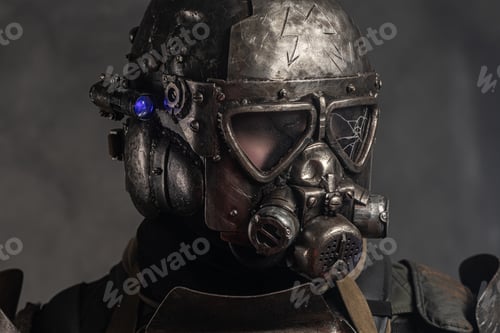 Preview: Man in metal helmet with gasmask