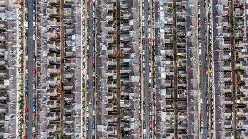 Preview: Aerial view directly above rows of suburban streets with back to back terraced houses