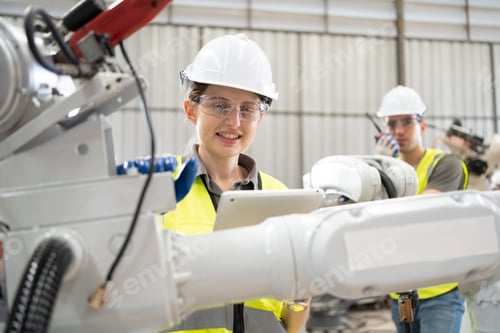 Preview: Industrial factory employee working on High Tech Robotic Arm with an Artificial Intelligence unit.