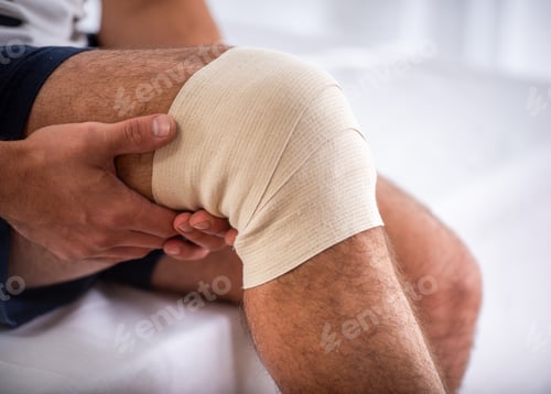 Preview: Injured knee with elastic bandage support.