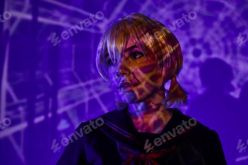 Preview: portrait of anime woman in blonde wig in abstract projection on blue neon backdrop, fusion style