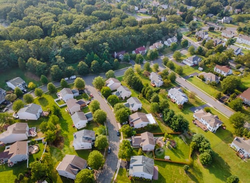 Preview: Scenic seasonal landscape from above aerial view of a small town in countryside Cleveland Ohio US