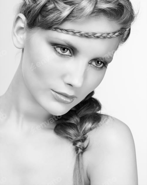 Preview: Black And White Portrait In High Key Tone Of Beautiful Young Dark Blonde Woman With Creative Braid