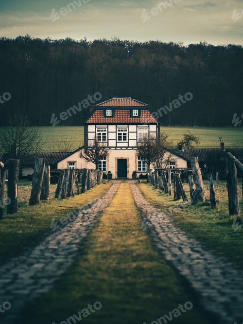 Preview: Vertical shot of pathway with wooden post barriers to an old rural house on a gloomy day
