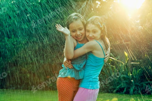 Preview: Girls standing in rain hugging
