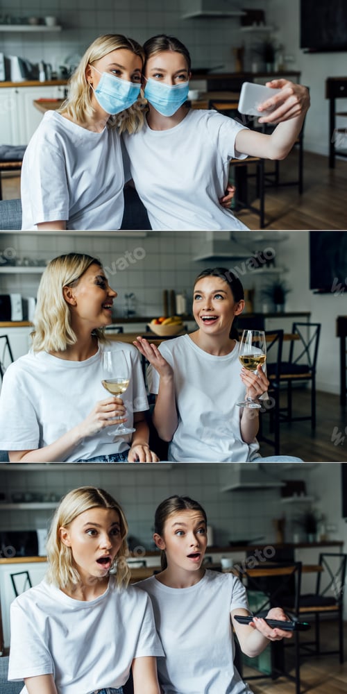Preview: Collage of sisters taking selfie with smartphone, drinking wine and watching tv at home