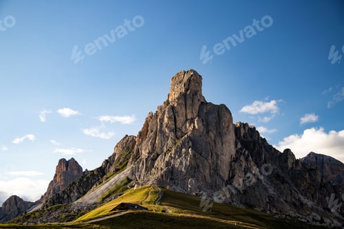 Preview: View of Ra Gusela mountain with green meadows and blue sky, Dolomites, Italy