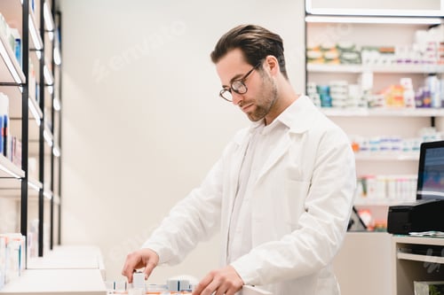Preview: Druggist checking looking for medicines, pills, remedies, drugs in shelves in drugstore pharmacy