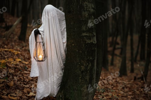 Preview: Happy Halloween! Spooky ghost holding glowing lantern in moody dark autumn forest
