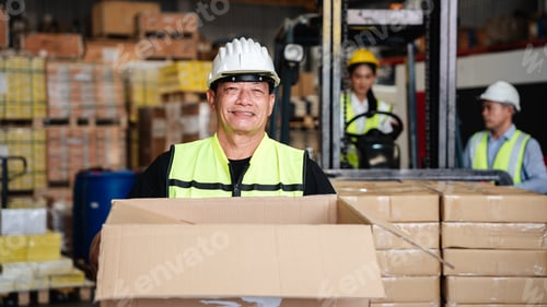 Preview: Warehouse worker holding box in a warehouse or storehouse.