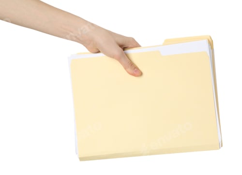 Preview: Woman holding paper file folders on white background, closeup