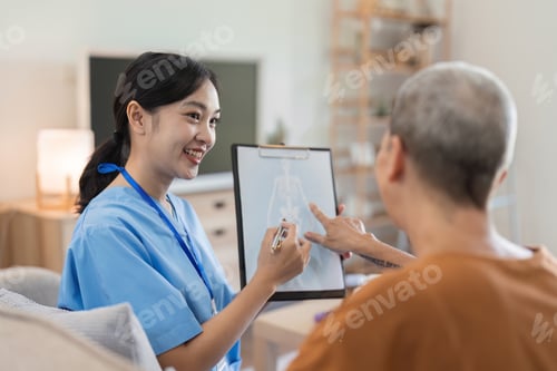 Preview: Asian nurse showing health checkup report to older and giving advice. Home nursing and healthcare