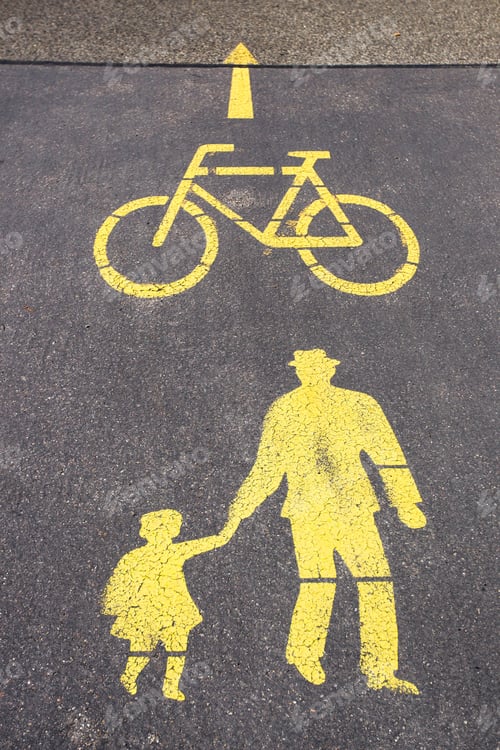 Preview: Sign pedestrian crossing and bicycle way on asphalt