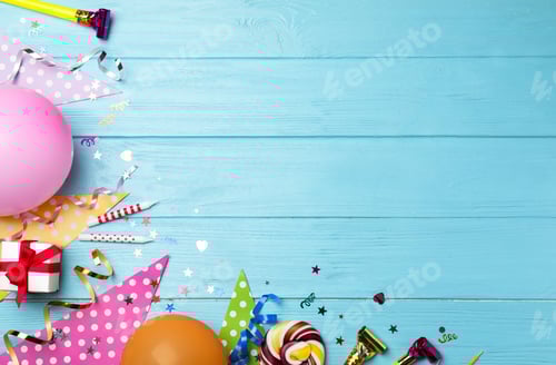 Preview: Flat lay composition with birthday party items on wooden background