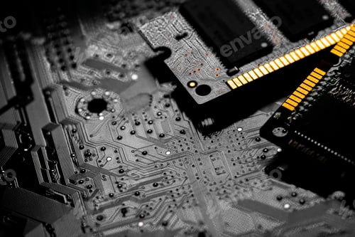 Preview: Macro Close up of computer RAM chip and motherboard
