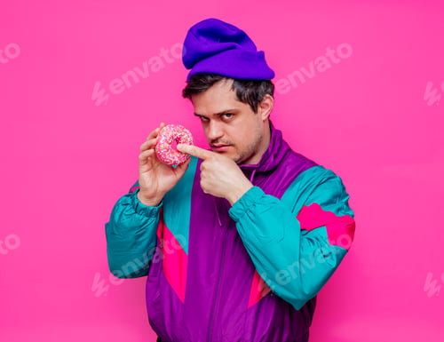 Preview: Young man in 90s clothes with sweet donut
