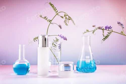 Preview: container for cosmetics, laboratory beakers and a sprig of mouse peas on a gradient background