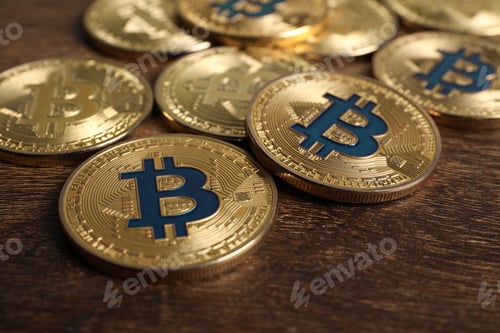 Preview: Cryptocurrency. Bitcoins on wooden table, closeup view
