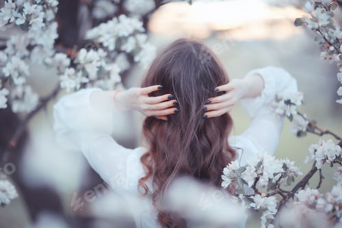 Preview: Girl Dreams Back View, Spring Portrait Happy Girl In Blooming Garden, Seasonal April