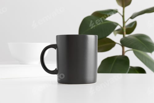 Preview: Black mug mockup with workspace accessories on a white table and a ficus plant.