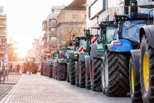 Preview: Farmers union protest strike against government Policy in Germany Europe. Tractors vehicles blocks