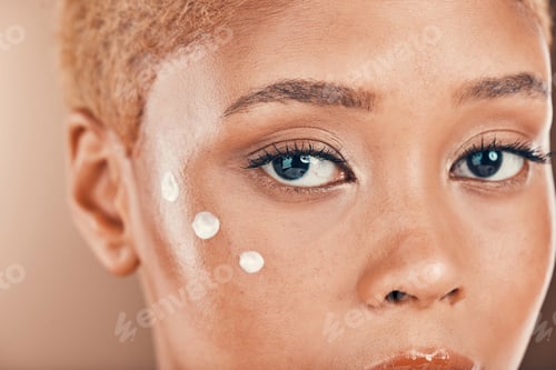 Preview: Beauty, makeup and foundation with eyes of black woman for cosmetics, salon and glow. Self love, we
