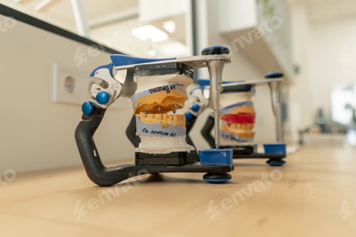 Preview: close-up professional laboratory for the production of dental prosthesis veneers on table there is a