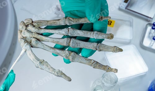 Preview: Police scientist takes samples from right hand of skeleton murder victim