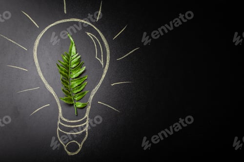 Preview: Green leaf inside lightbulb hand-drawn on black chalk board copy space