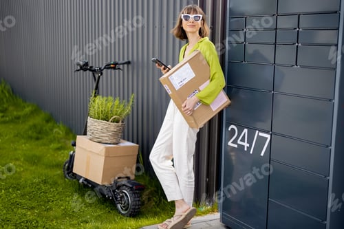 Preview: Woman standing with phone near automatic post terminal and scooter