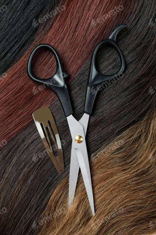 Preview: Female hair, hair clip and scissors, close up
