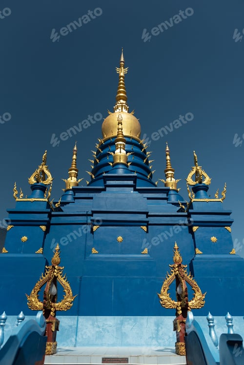 Preview: Vertical shot of the Main Pagoda at Wat Rong Suea Ten, the Blue Temple at Chiang Rai, Thailand