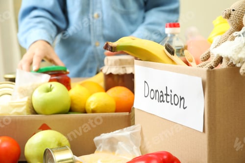 Preview: Donation concept with girl and different food