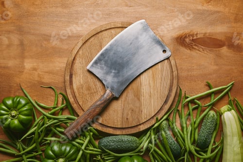 Preview: Metal cleaver on cutting board with green vegetables on wooden table