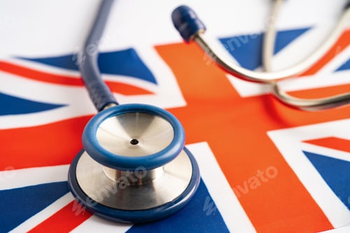 Preview: Stethoscope on United Stethoscope on United Kingdom flag background, Business and finance